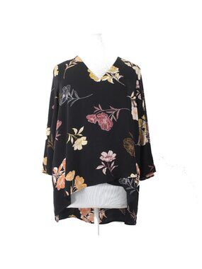 Joseph Ribkoff Top Sz 18 Black Multi Colored Floral V Neck Hi Lo Top